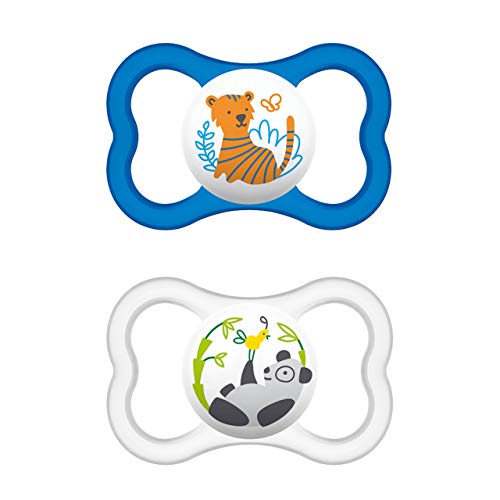 MAM Air Silikon Schnuller im 2er-Set, extra leichtes und luftiges Schilddesign, zahnfreundlicher Baby Schnuller aus speziellem MAM SkinSoft Silikon mit Schnullerbox, 6-16 Monate, Tiger/Panda