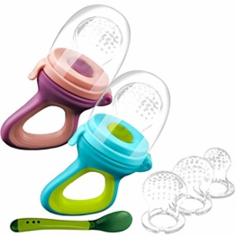 2 Fruchtsauger Baby + 1 Baybylöffel für Baby ab 3 Monate & Kleinkind + baby zubehör 0-6 monate + 6 Silikon-Sauger in 3 Größen - BPA-frei - Schnuller für Obst Gemüse Brei Beikost - 1