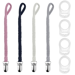 4 Stück Schnullerkette, 18cm Lang Schnullerband mit 4 Silikon Knopfring Nuckelkette für Junge und Mädchen Dreieckstuch Lätzchen Sauger (4 Farben) - 1
