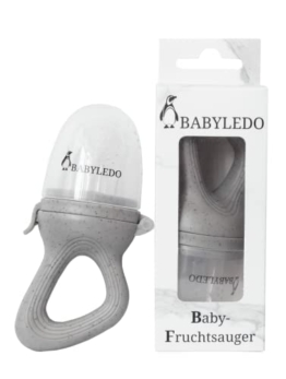 BABYLEDO Baby Fruchtsauger Fruchtschnuller mit Beißring für Obst und Gemüse ab 6 Monate (Waschbär - Grau) - 1