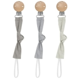 Bestomrogh 3 Stück Schnullerkette Stoff Set, Schnullerband Bio-Baumwolle und Holz, Schnullerketten mit Buchenholz Clip für Jungen und Mädchen, Schnullerband Baumwolle(grau weiß grau blau) - 1