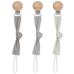 Bestomrogh 3 Stück Schnullerkette Stoff Set, Schnullerband Bio-Baumwolle und Holz, Schnullerketten mit Buchenholz Clip für Jungen und Mädchen, Schnullerband Baumwolle(grau weiß grau blau) - 1