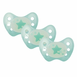 Dentistar® Night Silikon Schnuller 3er-Set – Größe 2 für 6-14 Monate – Zahn- & kieferfreundlicher Leuchtschnuller für die Nacht – Türkis mit Stern-Motiv, leuchtet im Dunkeln – Made in Germany - 1