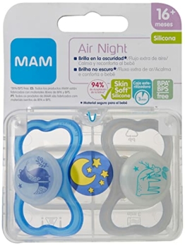 MAM Air Night S242 Schnuller mit extra großen Löchern für empfindliche Haut, SkinSoftTM Silikon, ultraweich, für 16+ Monate, blau, 2 Stück - 1