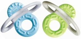 MAM Bite & Relax Phase 1 Mini Beißring im 2er-Set, Zahnungshilfe speziell für die Vorderzähne, extra kleiner und leichter Beißring für Babys, ab 2+ Monate, blau/grün - 1