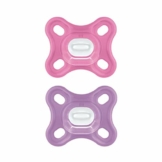 MAM Comfort Schnuller im 2er-Set, besonders kleiner und leichter Baby Schnuller für Früh- & Neugeborene aus 100 % Silikon, mit weichem MAM SkinSoft Saugteil & Schnullerbox, 0+ Monate, rosa/lila - 1