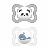 MAM Supreme Schnuller im 2er-Set, Babyschnuller für eine gesunde Zahn- und Kieferentwicklung, beugt Hautreizungen vor, mit Schnullerbox, 0-6 Monate, Panda/Wal - 1