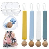 NICEKOOL® 9 in 1 Baby Schnullerkette, Schnuller Halter 4 Pack, 4Schnullerbox, 1Baumwollbeutel, Naturholz Bio Baumwolle Nickel freie Metalclips Design, Schnullerkette Baby für Jungen und Mädchen 30 CM - 1