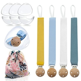 NICEKOOL® 9 in 1 Baby Schnullerkette, Schnuller Halter 4 Pack, 4Schnullerbox, 1Baumwollbeutel, Naturholz Bio Baumwolle Nickel freie Metalclips Design, Schnullerkette Baby für Jungen und Mädchen 30 CM - 1