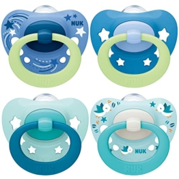 NUK Signature Schnuller 4er Set | 2x Signature & 2x Signature Night mit Leuchteffekt | Silikon | 0-6 Monate | kiefergerechte Form | Jungen, mehrfarbig - 1