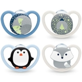 NUK Space Schnuller 4er Set | 2x Space & 2x Space Night mit Leuchteffekt | Silikon | 0-6 Monate | mit extra Belüftung und kiefergerechter Form | Pinguin und Fuchs - 1