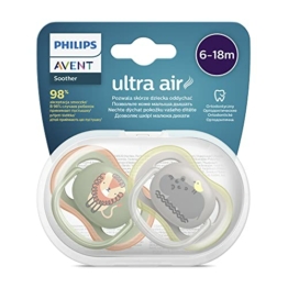Philips Avent Ultra Air Schnuller, 2er-Pack – BPA-freier Schnuller für Babys von 6 bis 18 Monaten, Löwe/Nilpferd (Modell SCF085/17) - 1