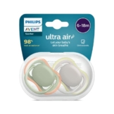 Philips Avent Ultra Air Schnuller, 2er-Pack – BPA-freier Schnuller für Babys von 6 bis 18 Monaten, Khaki/Orange und grau/gelb (Modell SCF085/20) - 1