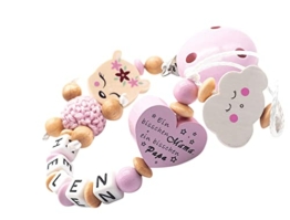 Schnullerkette mit Namen Wunschname Baby Mädchen REH + Bisschen Mama Papa und ganz viel Wunder Holz rosa - 1