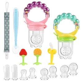 Vicloon Fruchtsauger Baby, 7 Stück Fresh Fruit Schnuller, Baby Food Feeder mit 6 Silikon Obstsauger Nippel Ersatzv in 3 Größen, BPA-frei, Gemüse Sauger Obst Gemüse Baby Essen Beikost-lila + grün - 1