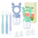 Vicloon Fruchtsauger Set Baby + 6 Silikon-Sauger in 3 Größen + Silikon Babylöffel - BPA-frei - Kleinkind Fruchtsauger Schnuller Beißring Obstsauger für Obst Gemüse Brei Beikost… - 1