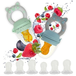 ZEYXINH Fruchtsauger Set Baby, 2 Stück Obstschnuller Baby BPA Frei + 6 Silikon Sauger in 3 Größen, Schnuller Beißring Obstsauger Baby, Schnuller Zum Befüllen für Obst Gemüse Brei Beikost Baby Essen - 1